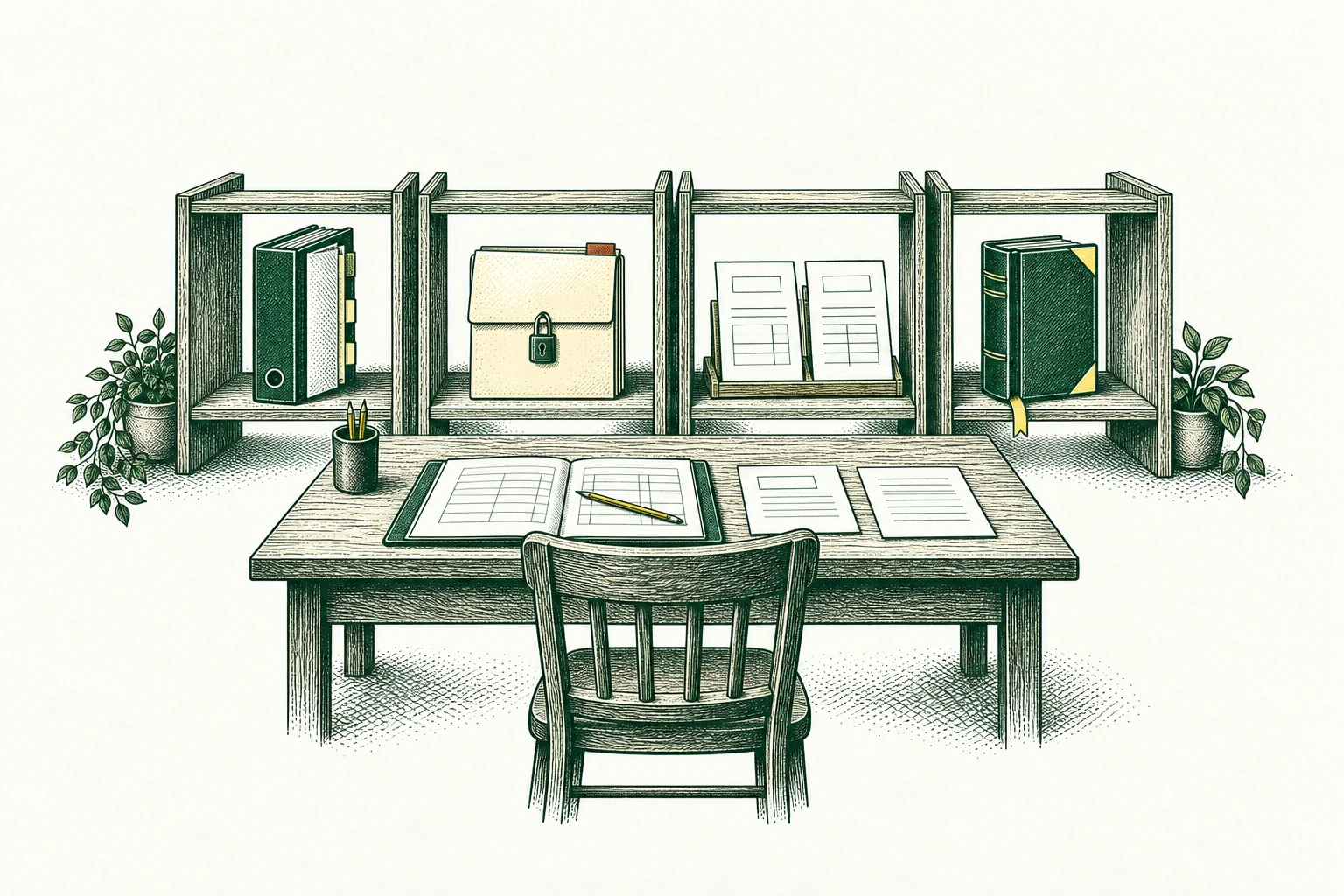 An airy accounting office vignette with four adjacent shelf bays: close binder, restricted payroll folder, paired engagement letters and current methodology book. A single central review desk connects these recognizable preparation tasks without depicting autonomous accounting.