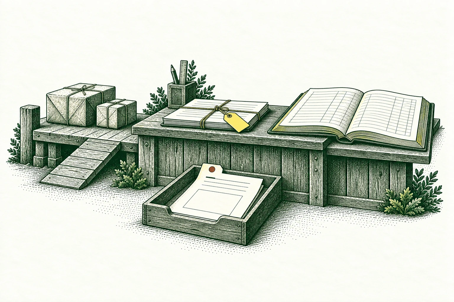A modest dispatch counter bridges a loading dock vignette at left and a billing ledger at right; delivery paperwork crosses the counter with one load tag, but an incomplete packet stops in a separate holding tray. A bounded operations-to-billing handoff.