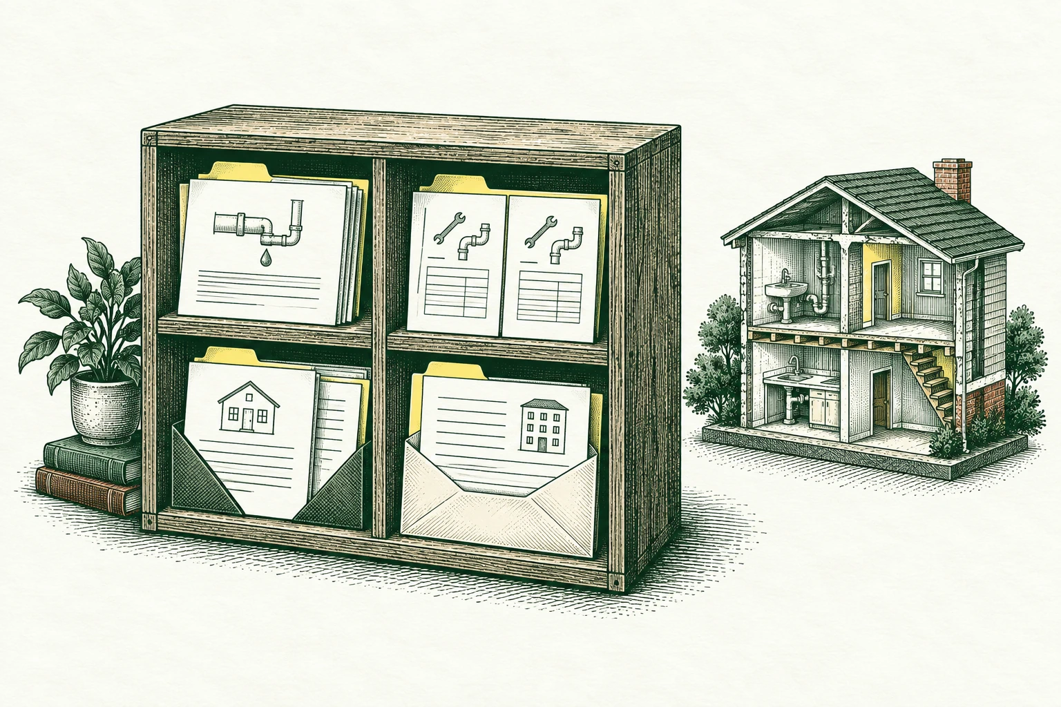 A small property-manager cabinet contains four distinct working records: maintenance request, paired repair quotes, lease with amendment and factual owner letter. A building cross-section supplies context, not an imaginary management dashboard.