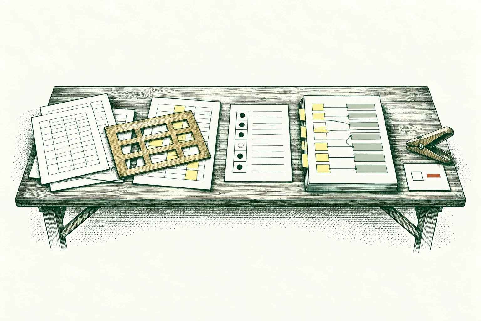 A long drafting-table sequence takes irregular source export sheets through a field-mapping stencil and completeness checklist into one source-linked report; a last review clip stays open beside an exception note. Repeatable preparation before circulation.