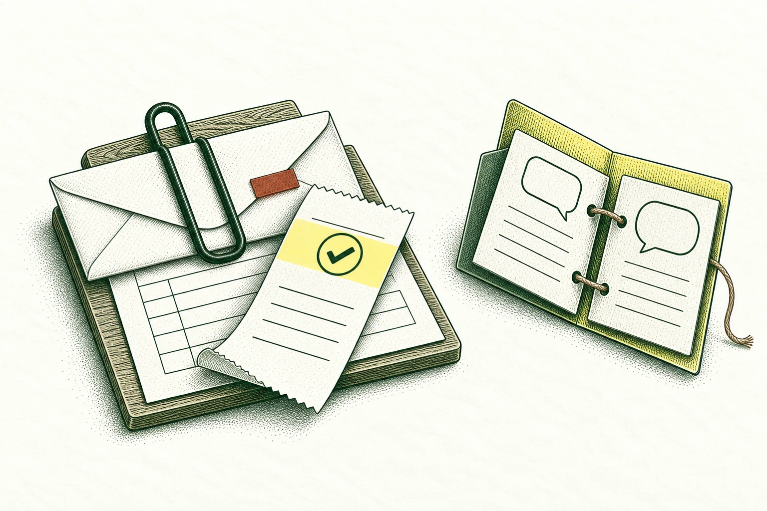 A reminder envelope is physically held beneath a paper clip while a fresh payment receipt slides over the old balance row; a separate dispute thread remains open. Show why an outdated reminder must stop.