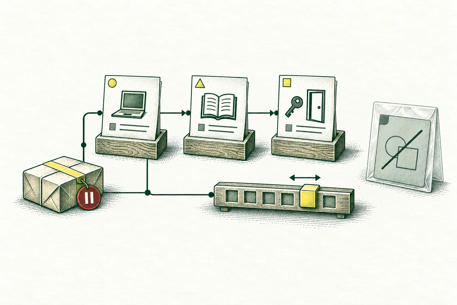 A role-specific onboarding task board uses equipment, training and access cards in dependent order; one delivery box is delayed and its connected start-date marker can move, while an obsolete task sits in a separate sleeve. Visible exception handling.