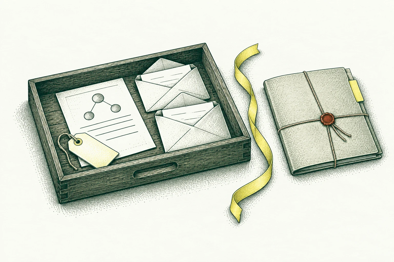 An executive reading tray contains a concise source-linked brief, an ownerless request tag and two draft envelopes; a boundary ribbon excludes a sealed private folder from the collection. The handoff preserves access limits and ambiguity.