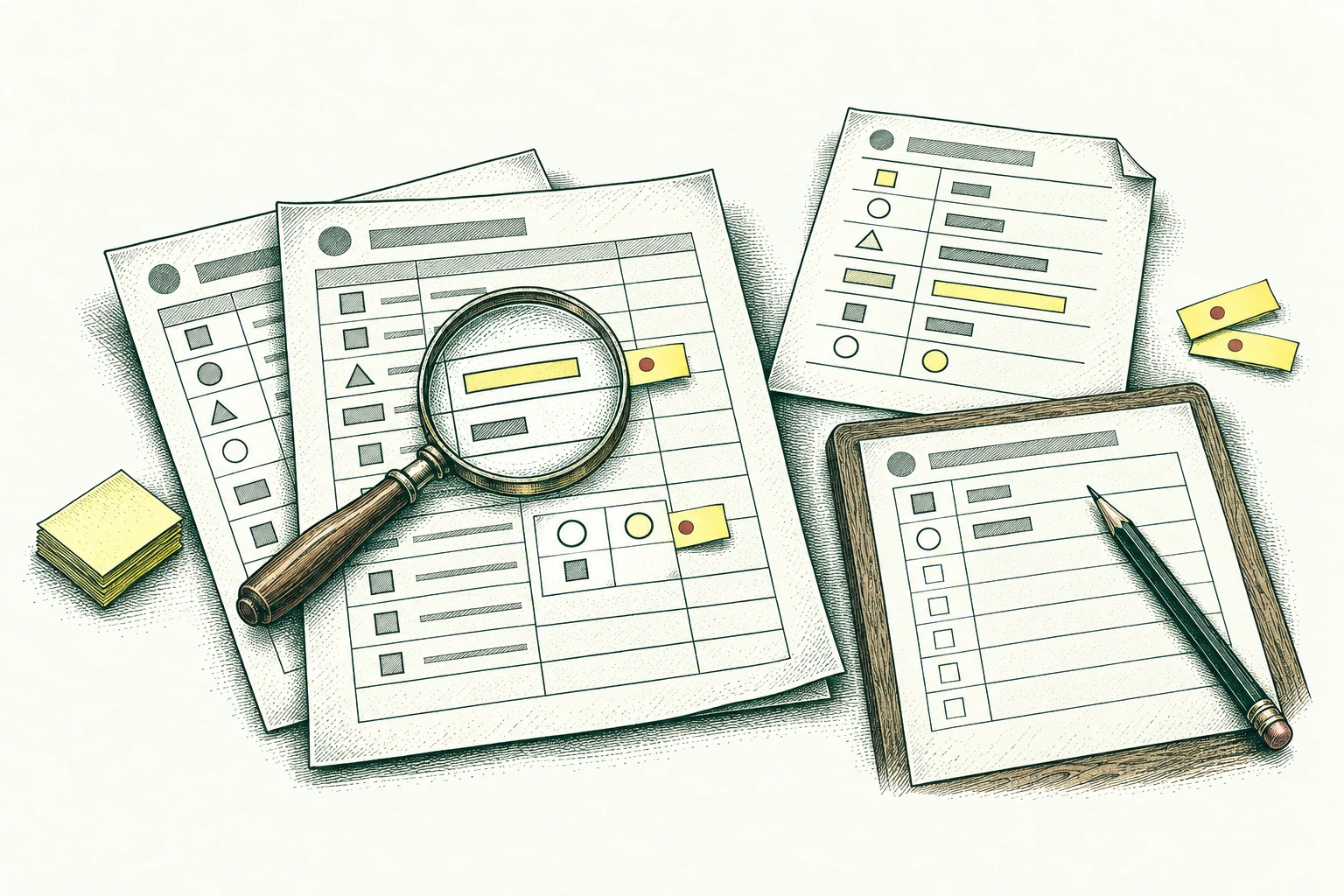 Two invoice sheets overlap under a comparison lens beside a purchase order; a mismatching line and duplicate reference are marked with separate tabs, while the proposed record remains unfinished. Check rekeying and evidence together.