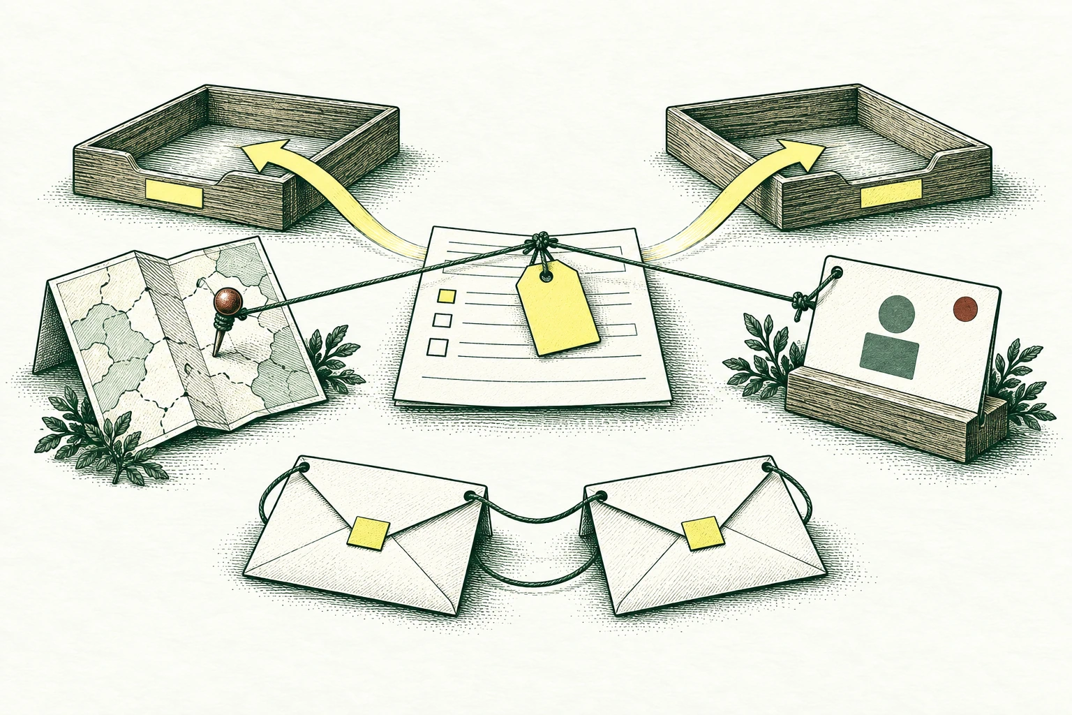 A partly filled inquiry card sits between a territory-map pin and an existing account-owner card pointing to different trays; a yellow question tag suspends routing and two duplicate envelopes remain linked. Make ownership conflict visible.