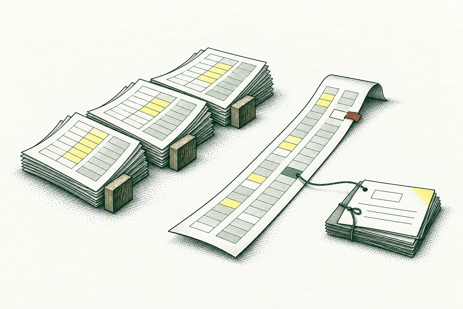 Repeated export sheets are stacked by version beside a reconciliation difference strip; a new unexplained gap has a copper tab and an older explained gap remains linked to its note. Separate fresh differences from already-reviewed evidence.