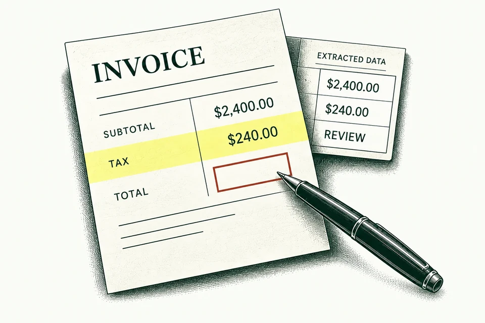Illustrated invoice with extracted fields and a missing total flagged for review.