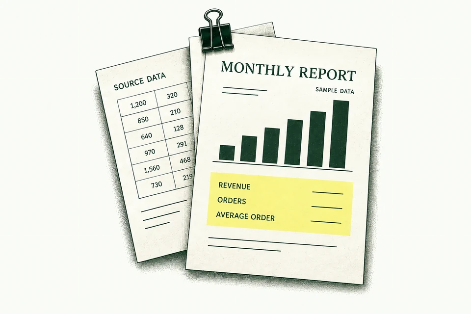 Illustrated source data clipped to a monthly report with a chart and highlighted summary.