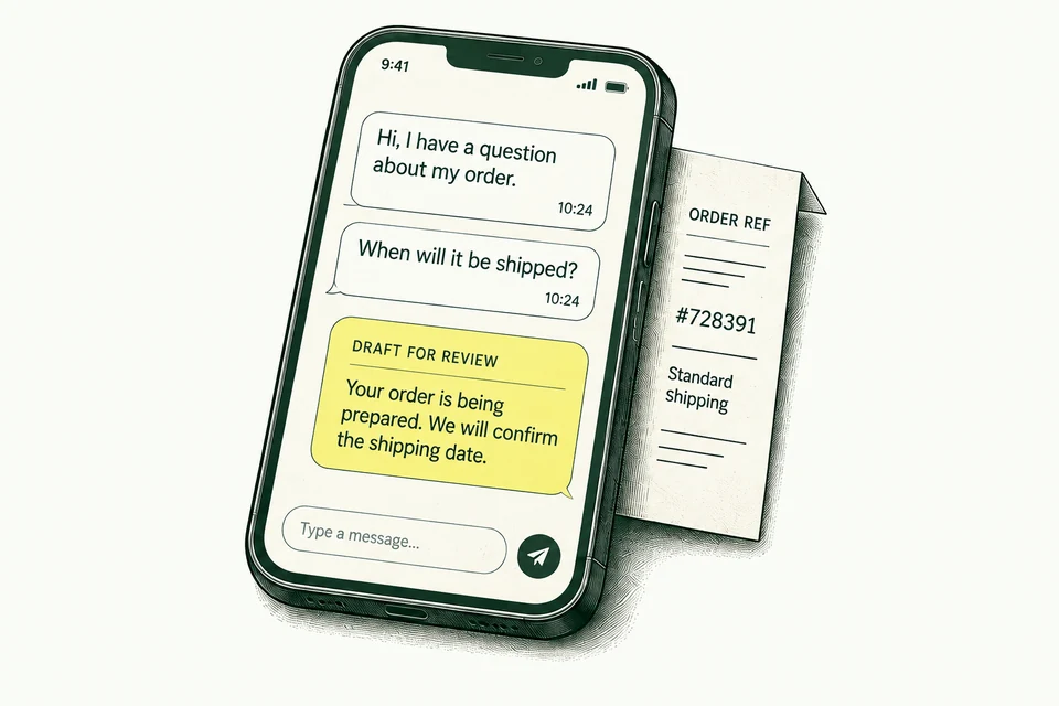 Illustrated phone with a customer question, order reference, and a reply draft awaiting review.