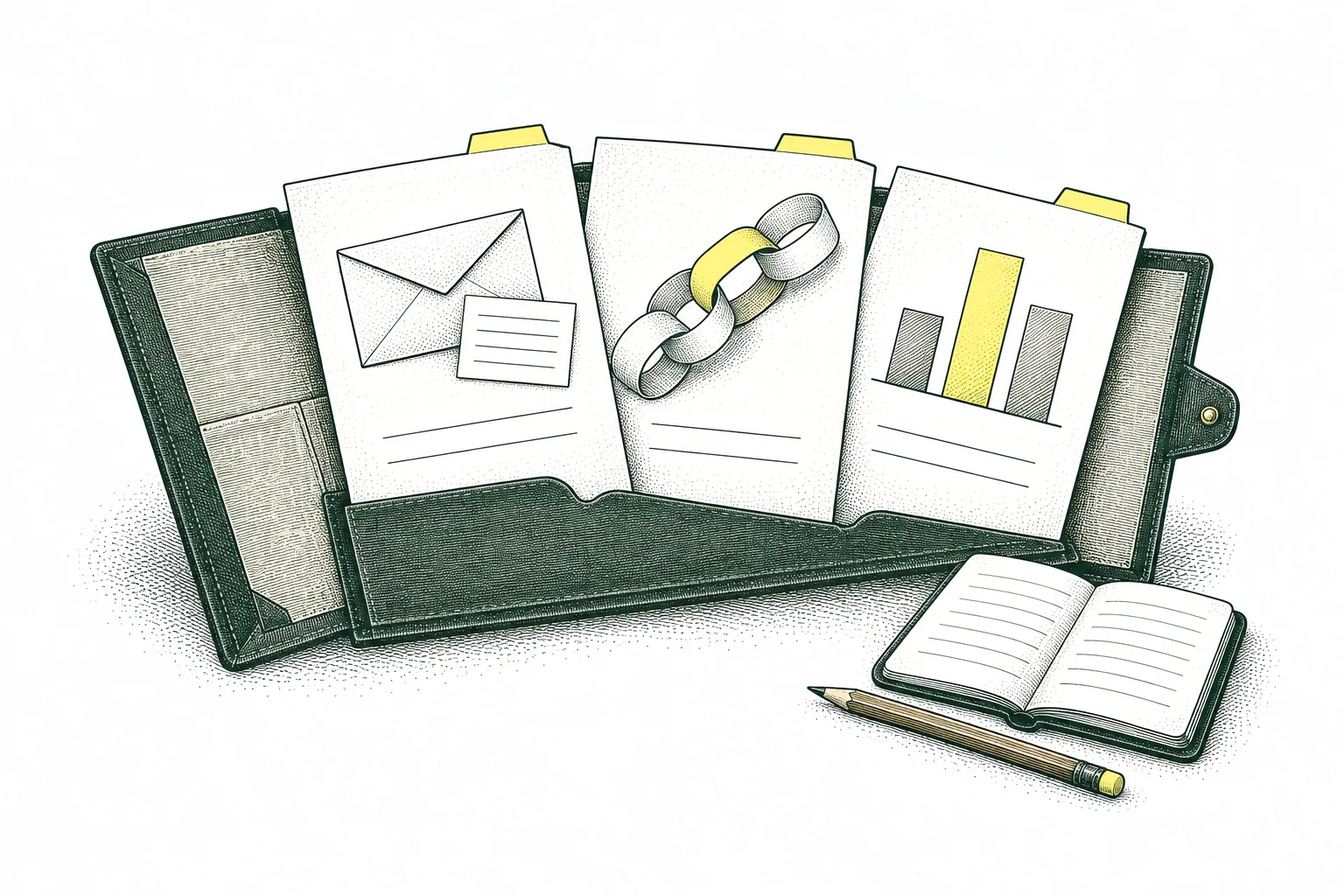 An open portfolio of correspondence, connected workflows, and reporting examples beside a source notebook.