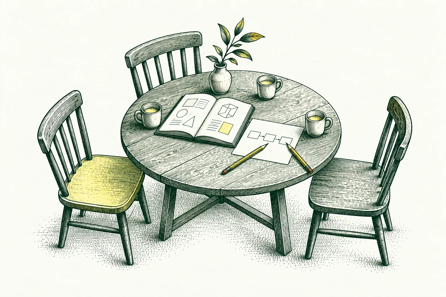 Three empty chairs surround a shared workflow sketchbook and a single next-step sheet, ready for a conversation with the co-founders.