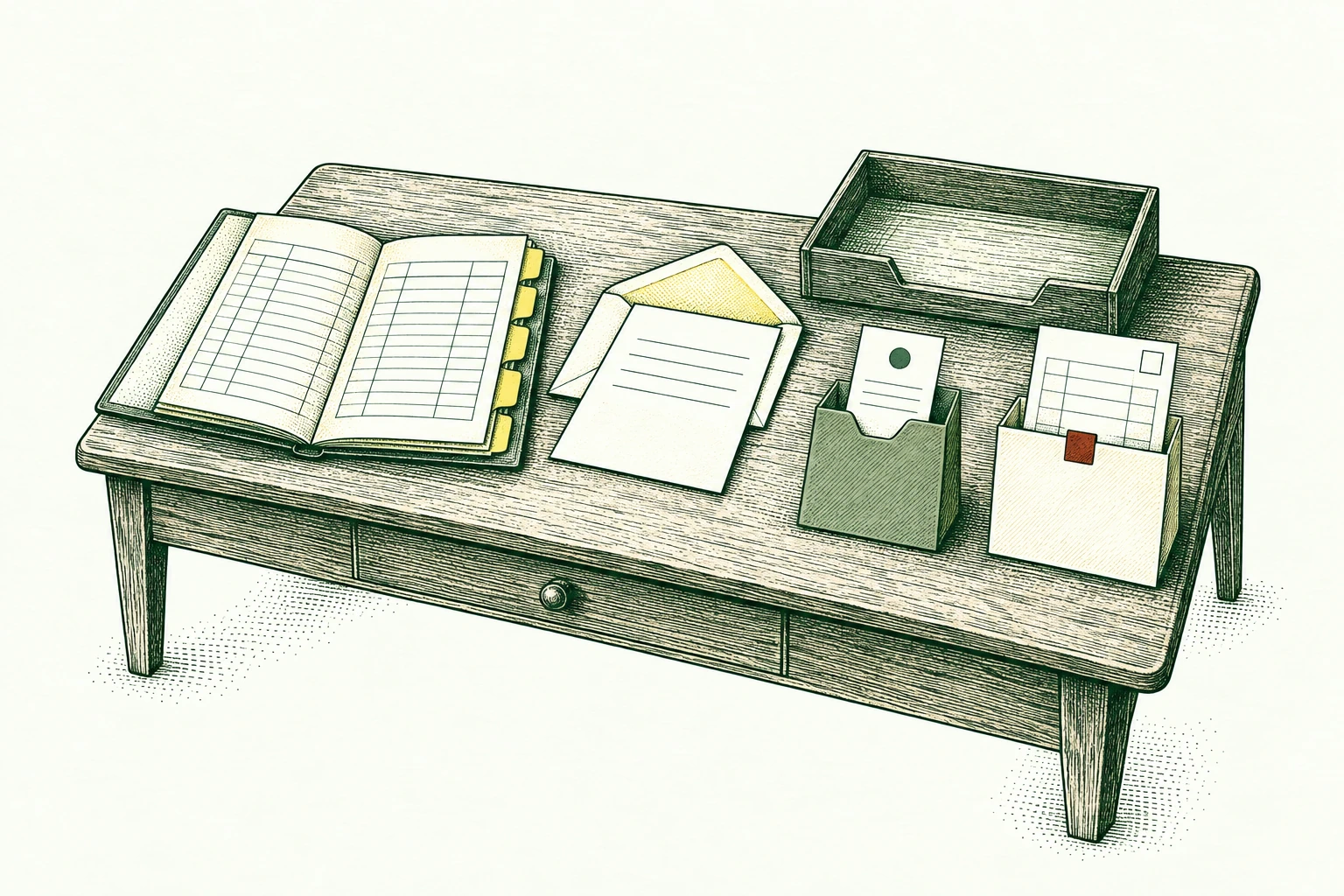 An invoice aging folio and a polite unsent reminder share a small desk; a recent payment receipt and a disputed invoice are pulled out of the send tray into separate hold sleeves. Check account state before following up.