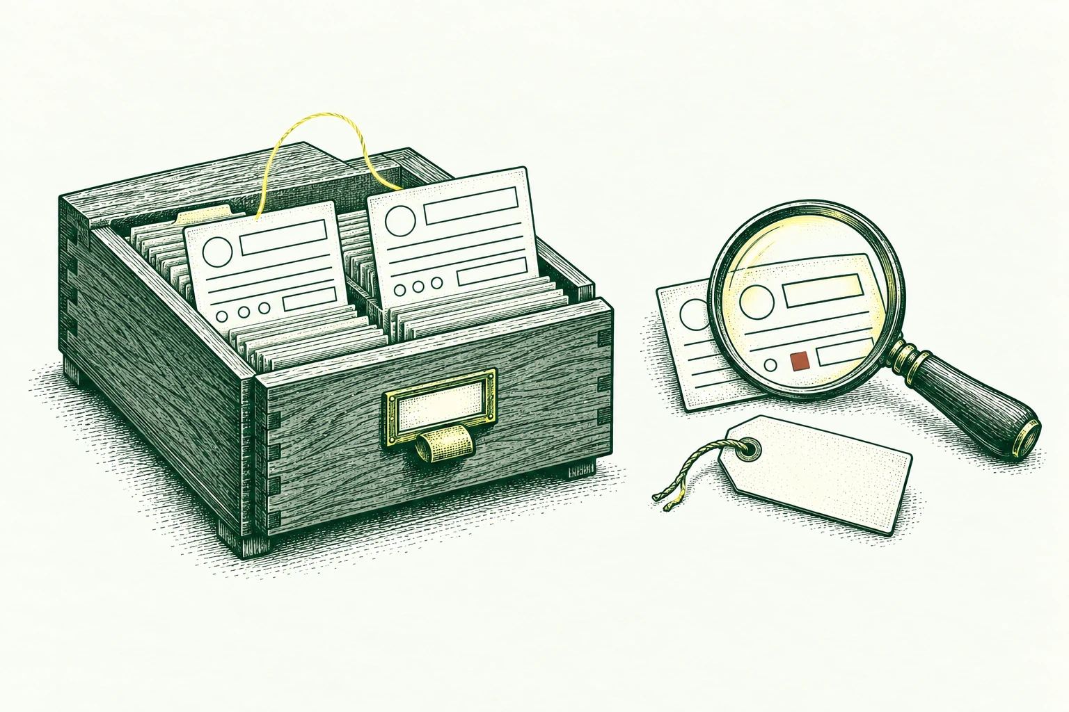 An index-card cabinet contains two almost-matching customer records joined by a tentative yellow loop; a missing owner tag and inconsistent field card are held aside under a magnifier. Find likely duplicates without merging them.