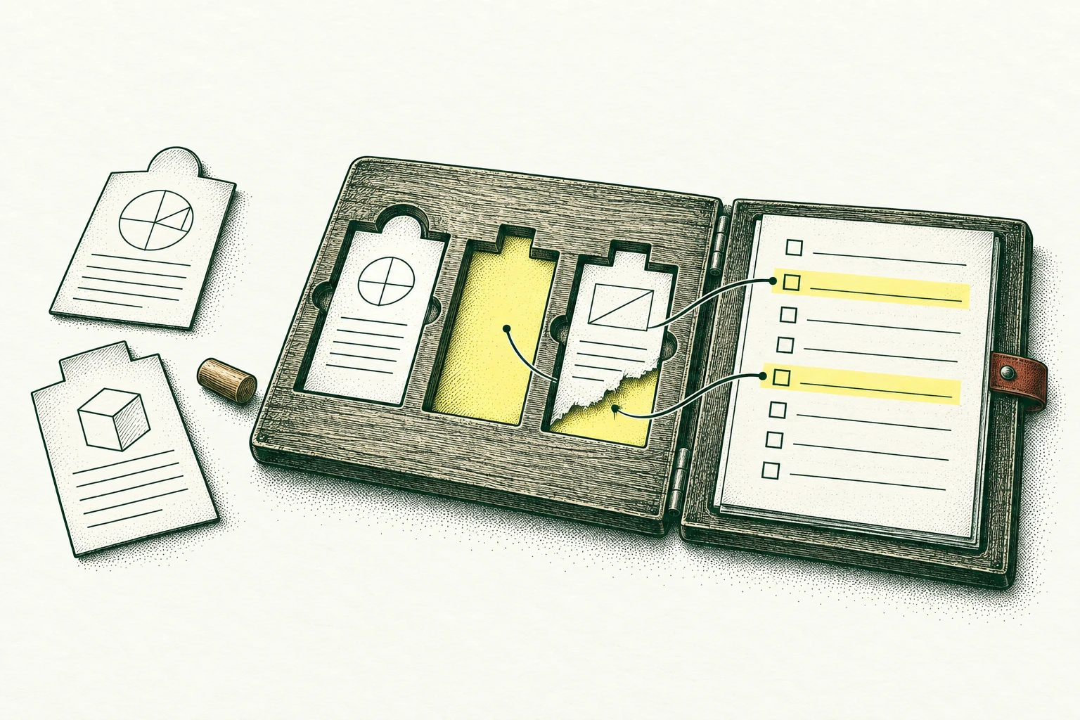 An open requirements board has shaped slots for incoming source documents; one empty slot and one incomplete attachment are highlighted, each connected to a specific checklist row. Show missing evidence rather than a generic completed checkmark.