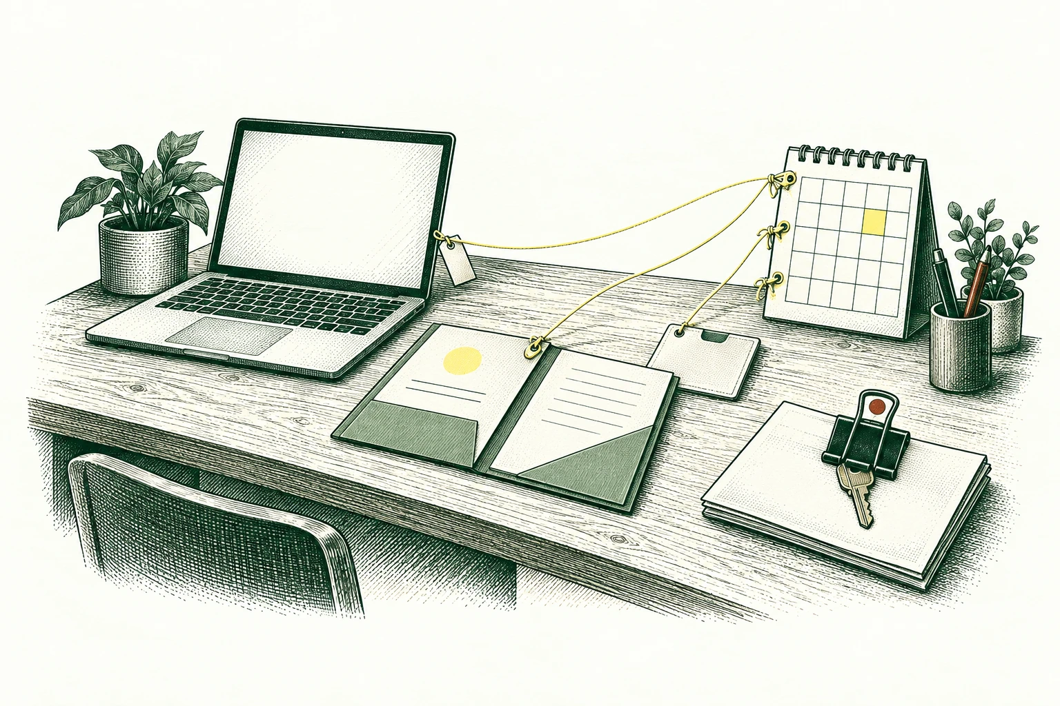 A new colleague's empty desk with laptop, keycard sleeve and welcome folio is connected to a start-date calendar by dependency strings; the access key stays behind an approval clip. Coordinate readiness without granting access.