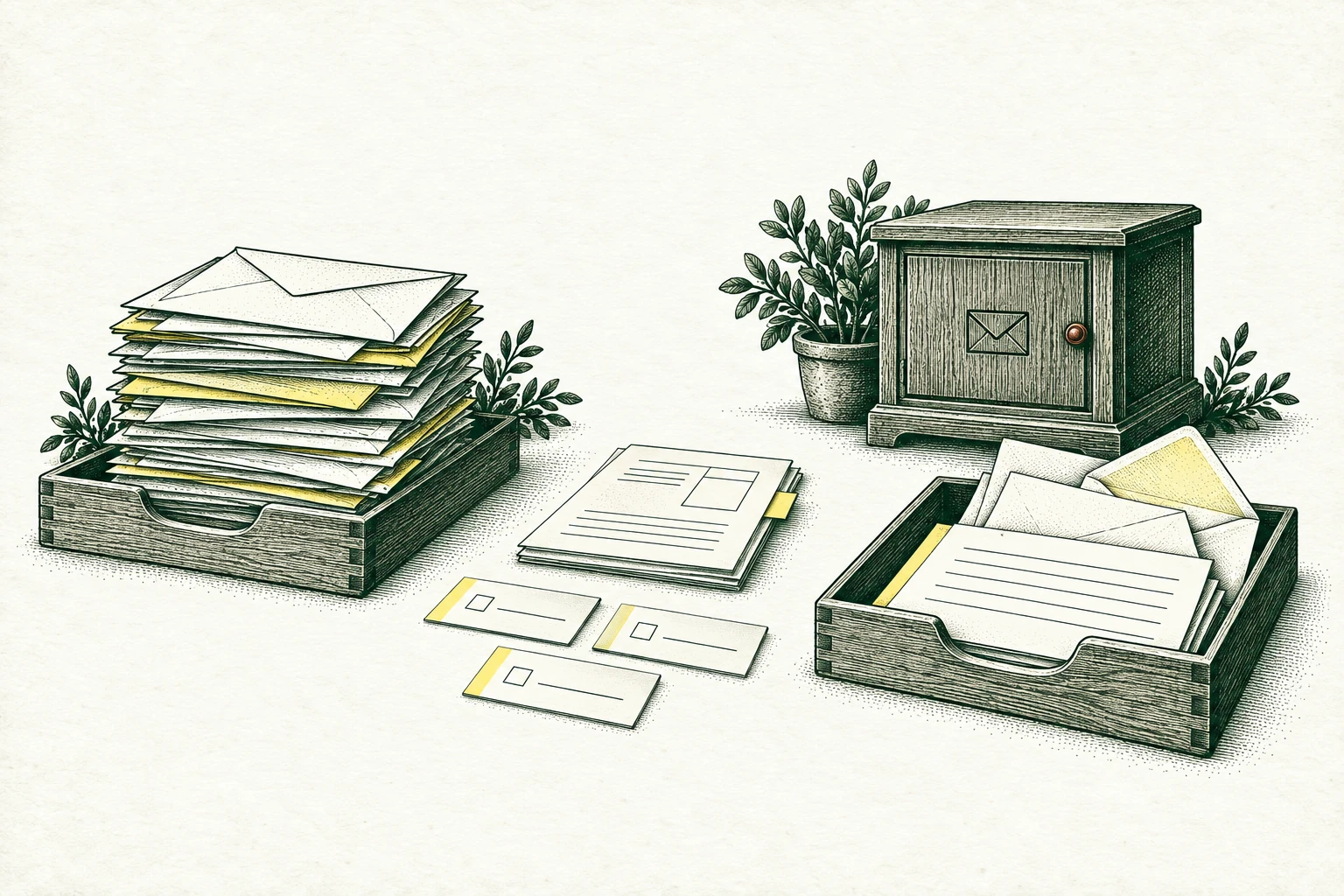 A tall stack of correspondence is sorted into a short executive brief, explicit commitment cards and unsent response drafts; one sensitive envelope remains in a closed side compartment. A clearer view without speaking for the executive.