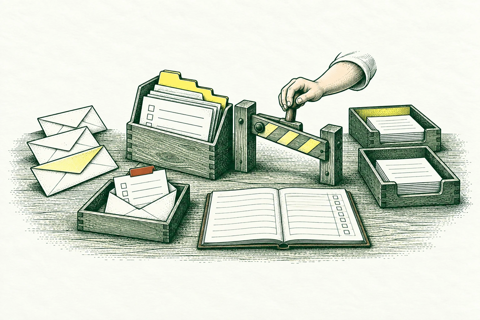 Three incoming request envelopes converge into one indexed folder on a wooden sorting counter. The folder meets a small human-operated wooden review gate; beyond it are two distinct receiving trays. One incomplete envelope with a copper tab rests visibly in a side return tray. A blank decision ledger records the handoff. Clear inputs, completeness check and approval boundary.