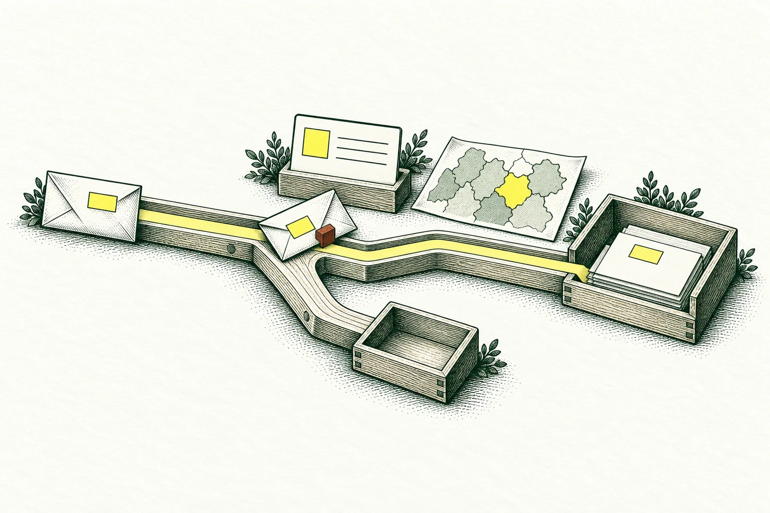 One incoming inquiry envelope reaches a branching wooden sorting guide keyed to an existing account card and territory map; a matching owner tray is open, while an uncertain duplicate remains at the junction. A traceable next person, not round-robin chance.