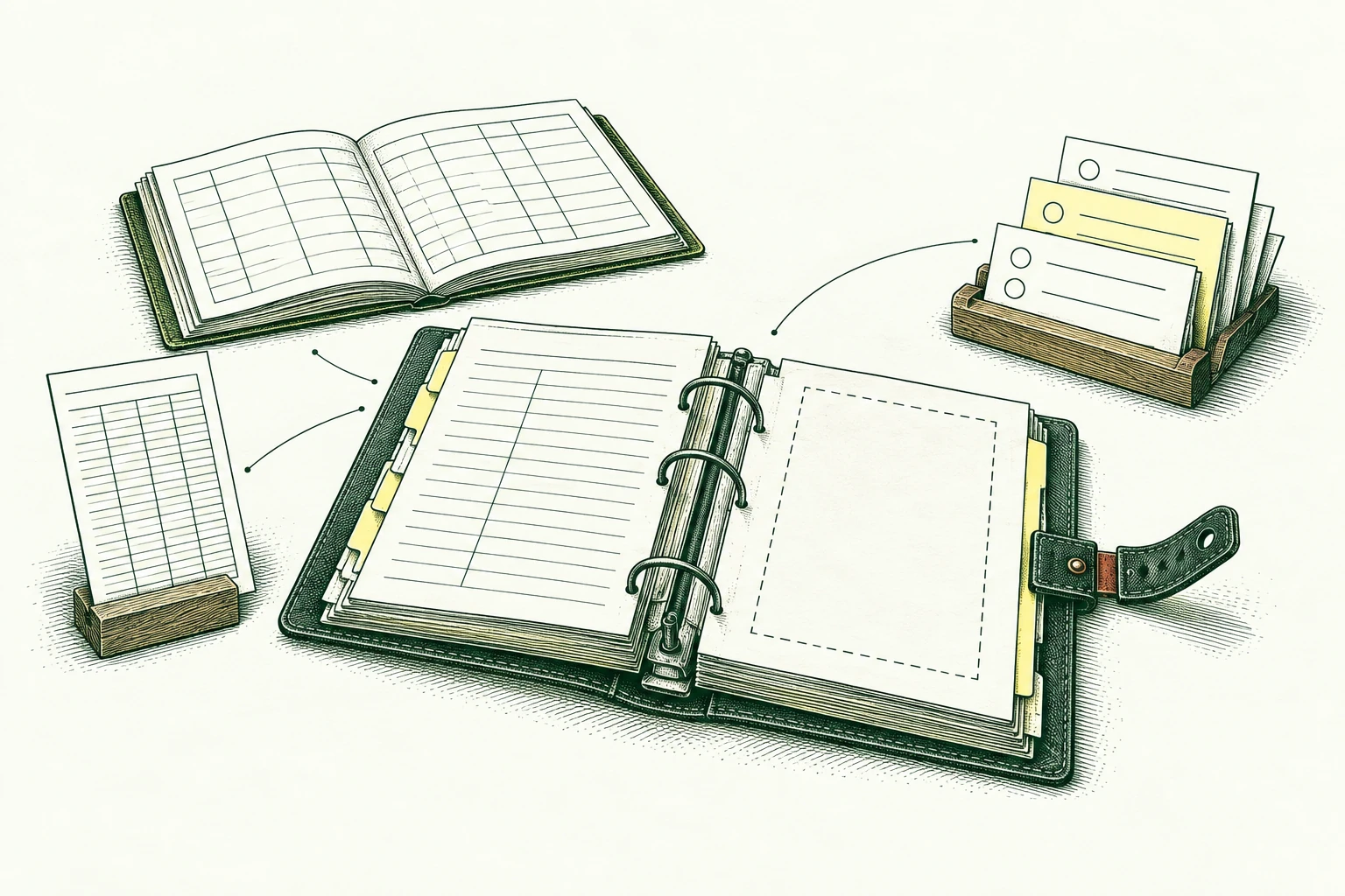 A month-end reconciliation board brings bank export, ledger and outstanding-question slips together around one open review binder; a single missing document prevents the last binder clasp from closing. Coordinate the close without asserting sign-off.