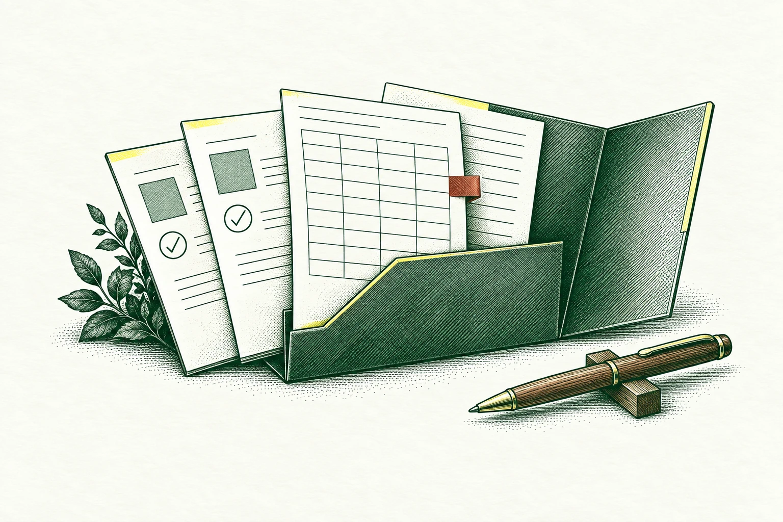 Approved scope pages, a pricing input sheet and standard terms fit into a draft proposal portfolio like separate paper leaves; one missing commercial field stays open with a copper question tab, and a pen awaits owner review.