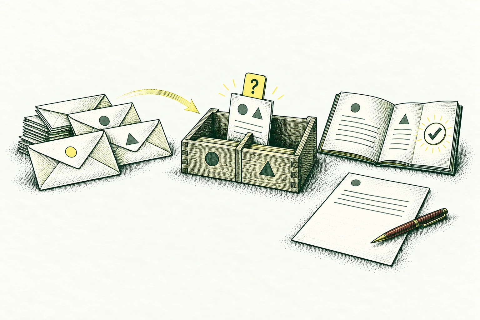 Incoming support envelopes meet a category sorting rack, an approved guidance booklet and a draft reply; an ambiguous mixed-topic ticket stays between two slots with a visible question tab. Context before resolution.